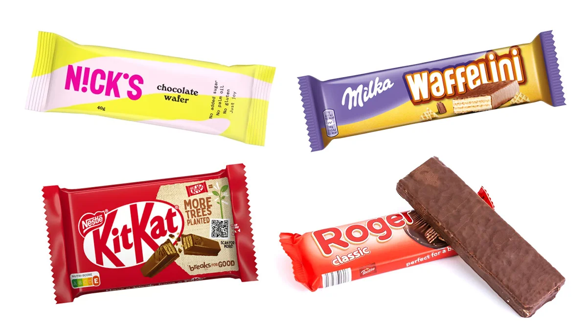Waffel csomagolások: NICK’S, KitKat, Milka, Roger